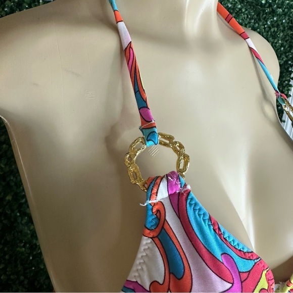 TRINA TURK Bright Floral Triangle Halter Gold Ring Bikini Top and Bottom Size 8 - Picture 4 of 16